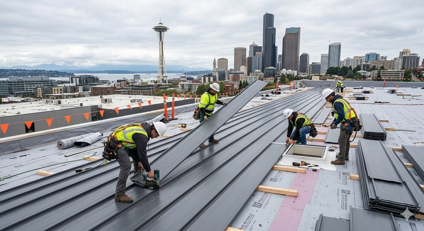 Commercial roofing project in Seattle by Prime Construction